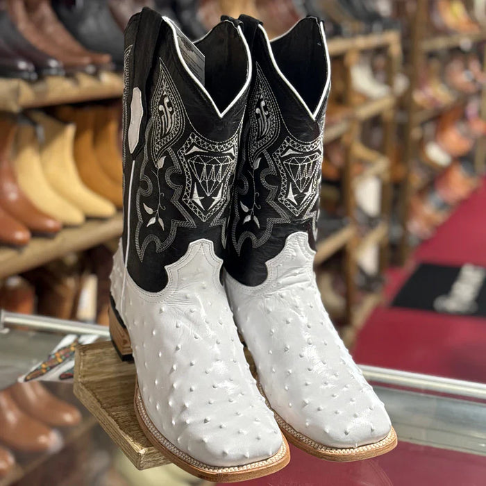 Mens White Diamond Boot White Boots Ostrich Print Square Toe