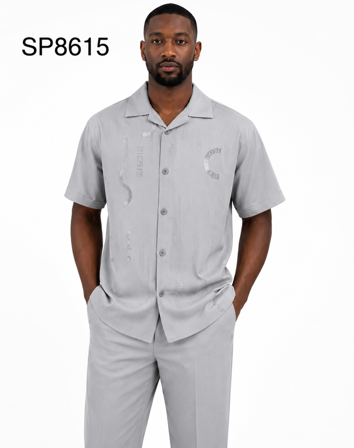 Men’s Light Gray Embroidered Walking Suit Set – 2 Piece Short Sleeve Casual Outfit