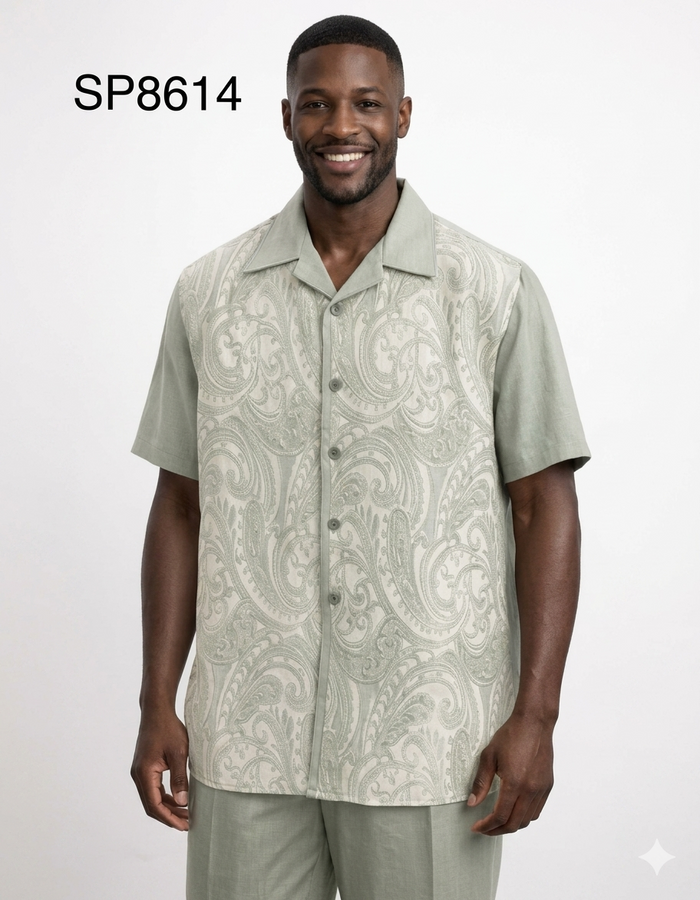 Men’s Sage Paisley Walking Suit Set – 2 Piece Short Sleeve Casual Outfit