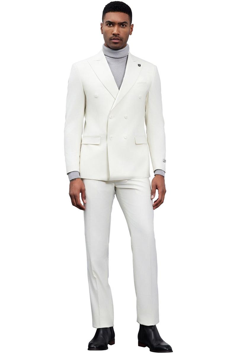Men's Designer Stacy Adams Classic Double Breasted Suit in Ivory