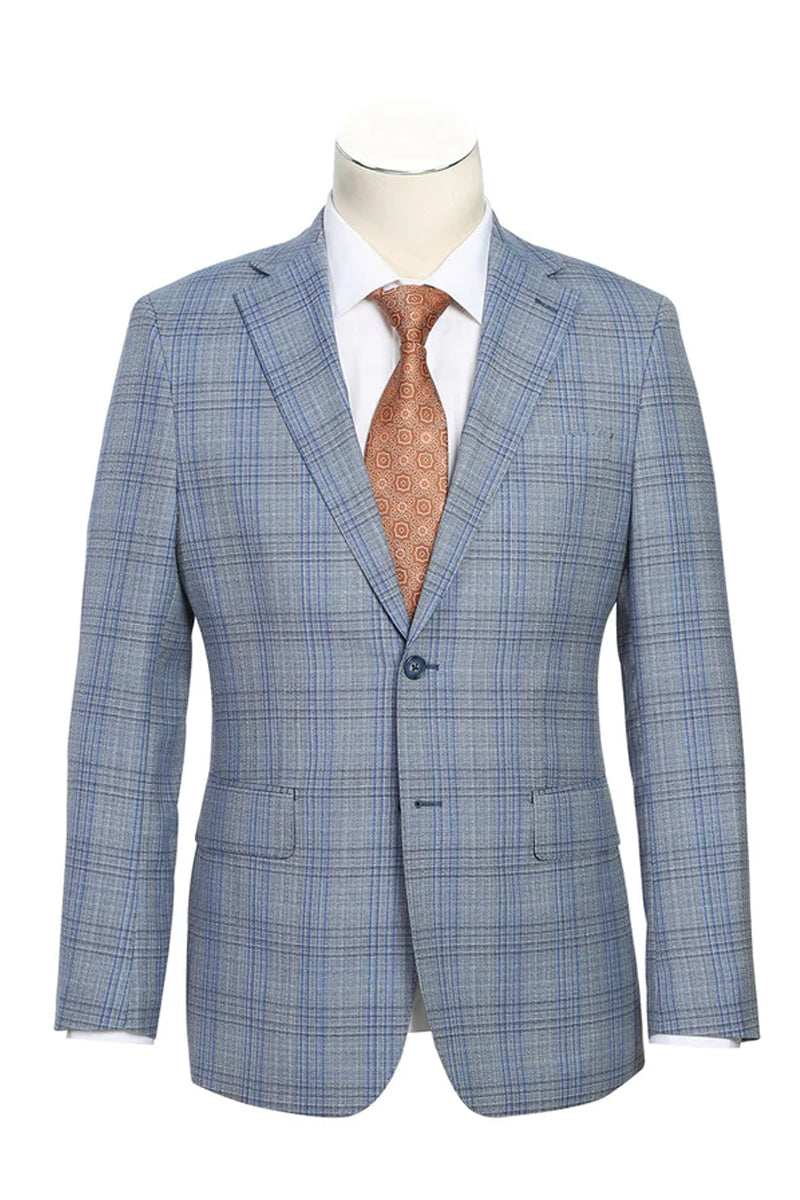 Mens Designer Two Button Slim Fit Notch Lapel Wool Suit in Light Grey & Blue Windowpane Plaid