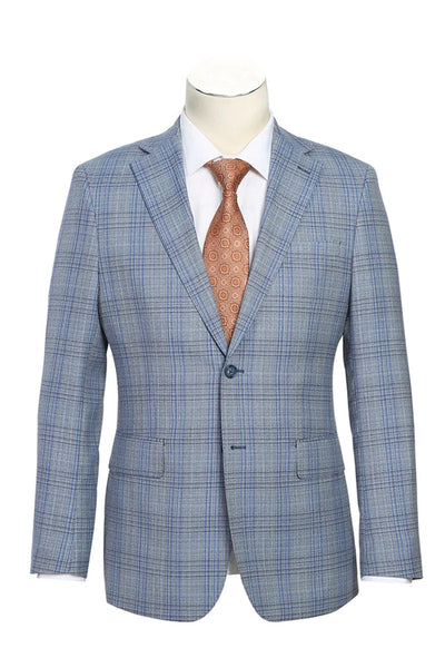 Mens Designer Two Button Slim Fit Notch Lapel Wool Suit in Light Grey & Blue Windowpane Plaid