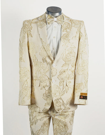 Mens 2 Button Ivory & Gold Foil Floral Paisley Prom & Wedding Tuxedo 1 Allen-21-Gold-Suit-XS  - from alligatorwarehouse.com