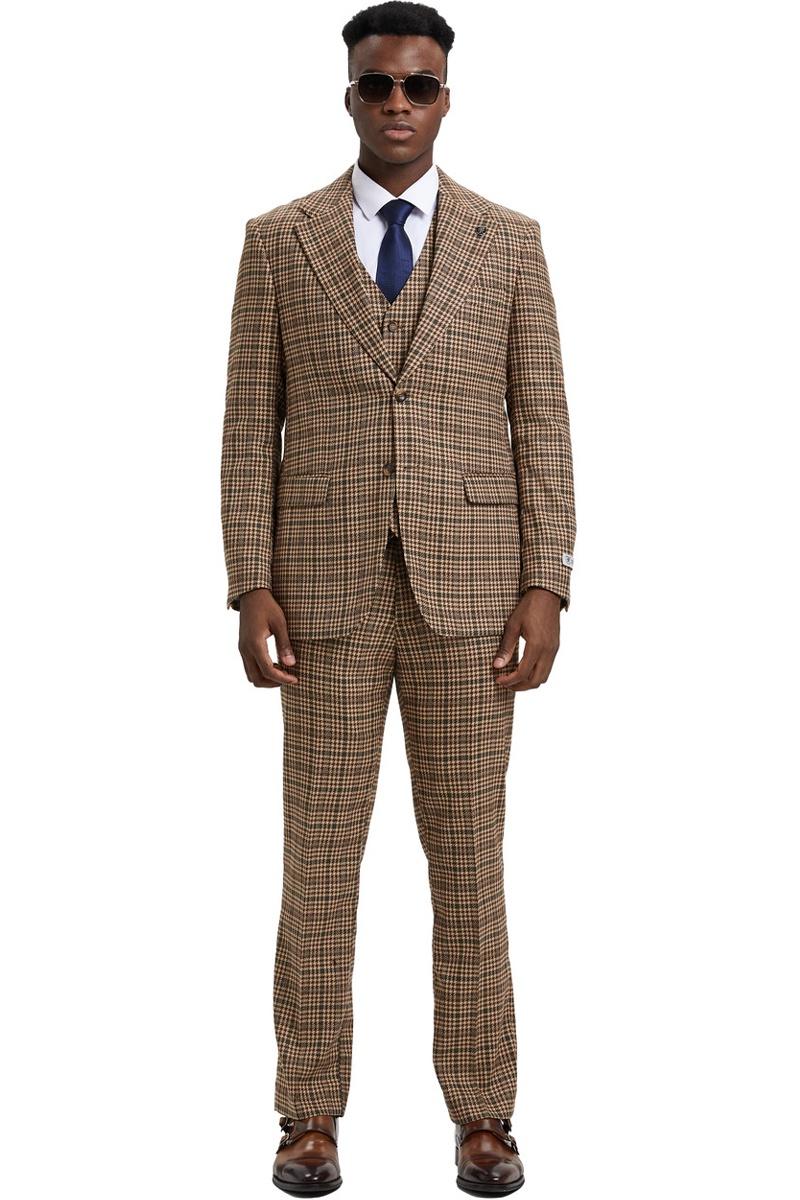 Men's Stacy Adams Vested Modern Fit Houndstooth Glen Plaid Suit in Camel & Green