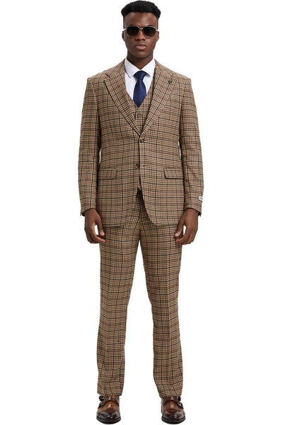 Men's Stacy Adams Vested Modern Fit Houndstooth Glen Plaid Suit in Camel & Green 3 SM162H1-01-38R  - from alligatorwarehouse.com