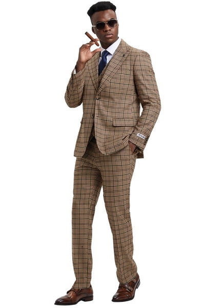 Men's Stacy Adams Vested Modern Fit Houndstooth Glen Plaid Suit in Camel & Green 4 SM162H1-01-38R  - from alligatorwarehouse.com