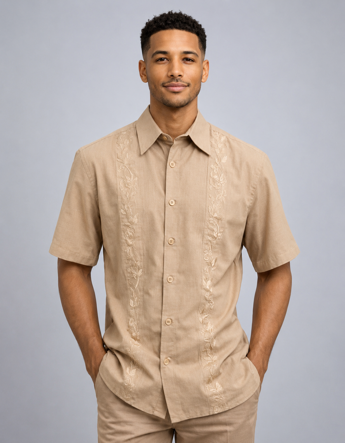 Men’s Sand Beige Embroidered 2 Piece Walking Suit with Short Sleeve Shirt and Matching Pants