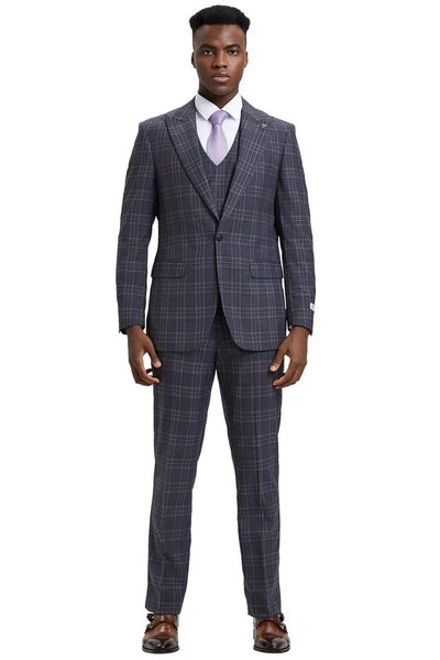 Men's Stacy Adams One Button Peak Lapel Double Breasted Vest Suit in Charcoal Grey Plaid 2 SM170H1-11-38R  - from alligatorwarehouse.com