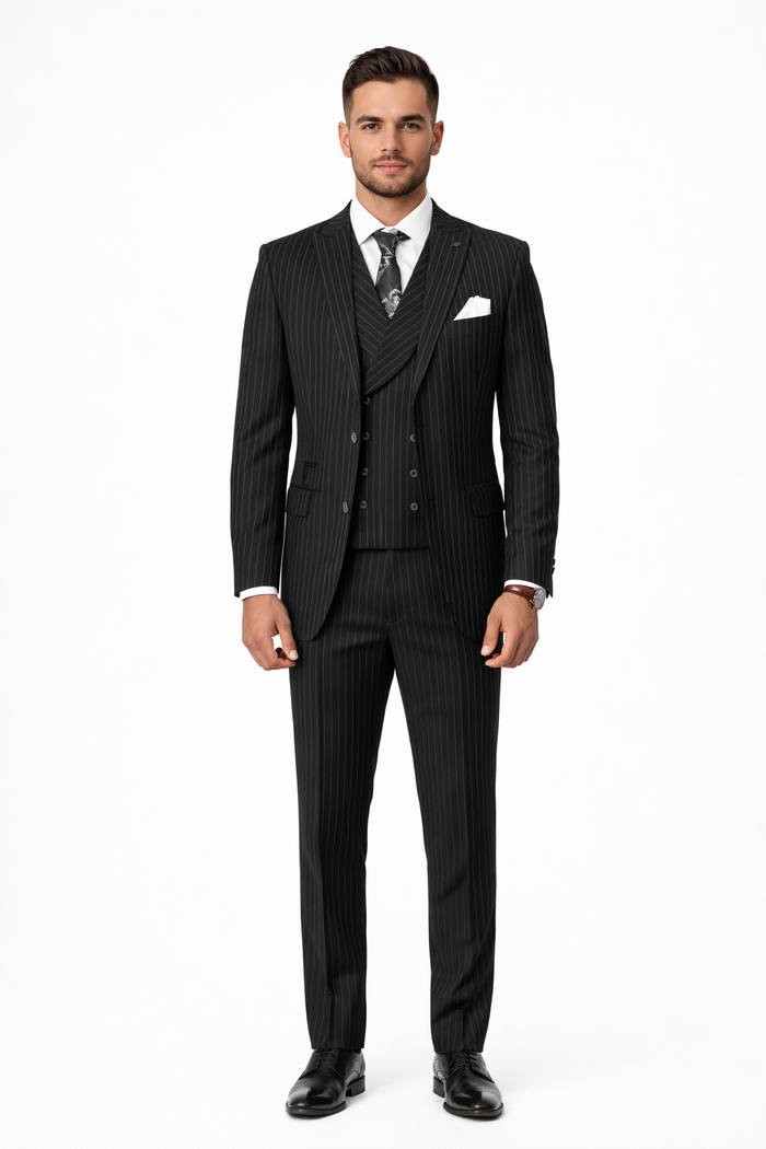 Mens Gangster Pinstripe 2 Button Double Breasted Vest Suit in Black