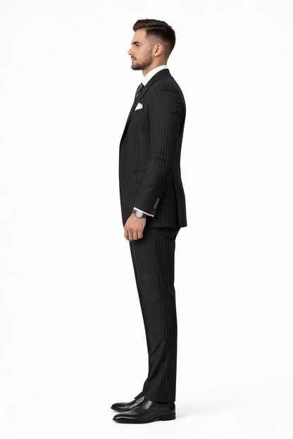 Mens Gangster Pinstripe 2 Button Double Breasted Vest Suit in Black