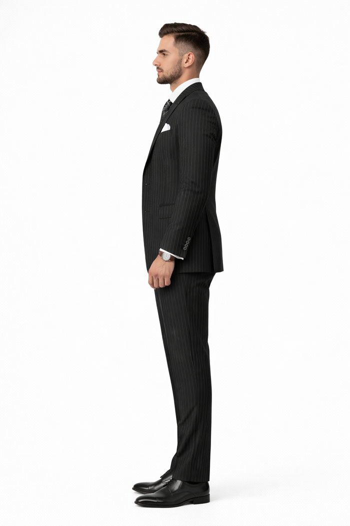 Mens Gangster Pinstripe 2 Button Double Breasted Vest Suit in Black