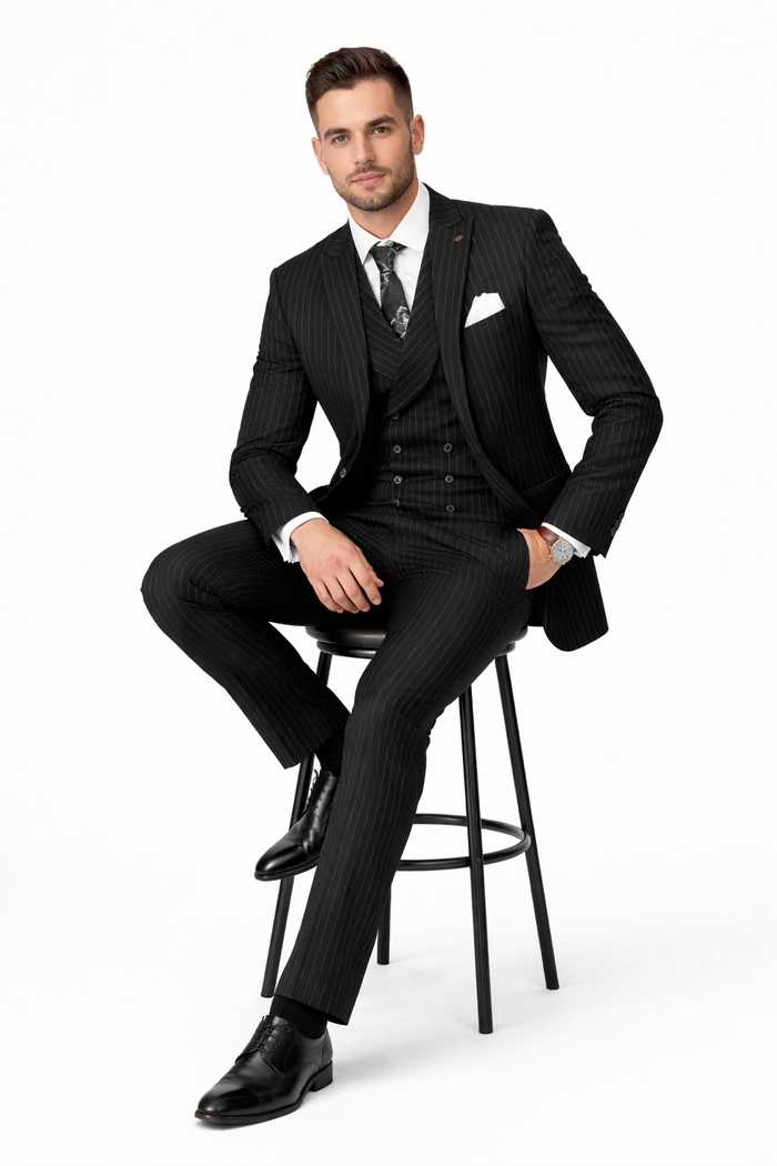 Mens Gangster Pinstripe 2 Button Double Breasted Vest Suit in Black