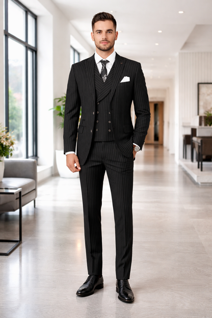 Mens Gangster Pinstripe 2 Button Double Breasted Vest Suit in Black