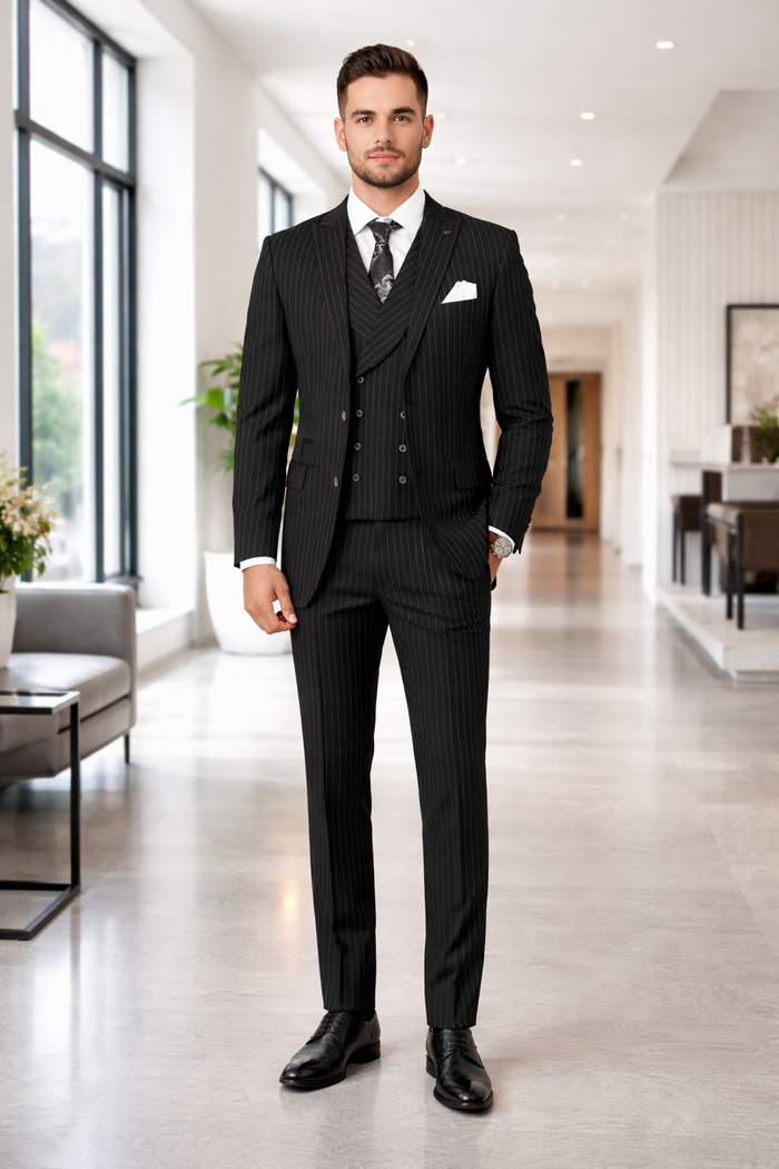 Mens Gangster Pinstripe 2 Button Double Breasted Vest Suit in Black