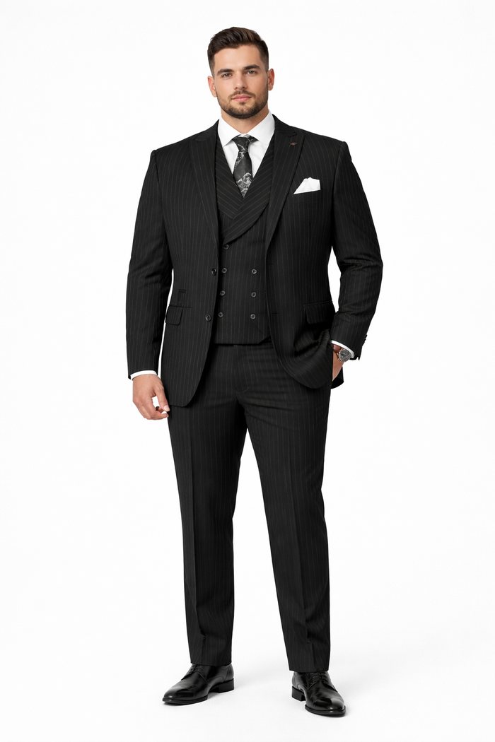 Mens Gangster Pinstripe 2 Button Double Breasted Vest Suit in Black