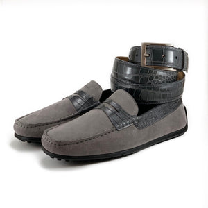 Zelli Monza Suede and Caiman Crocodile Driving Loafers in Gray