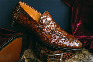 Zelli Roma Genuine Caiman Crocodile Penny Loafers in Cognac