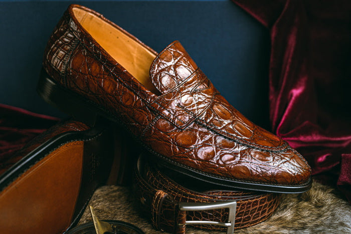 Zelli Roma Genuine Caiman Crocodile Penny Loafers in Cognac
