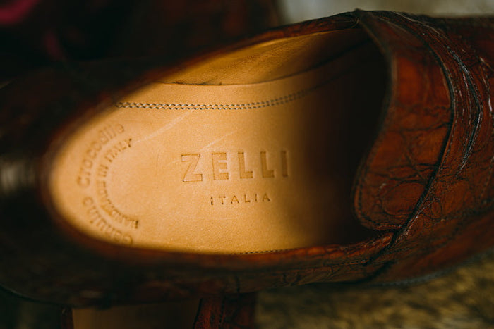 Zelli Roma Genuine Caiman Crocodile Penny Loafers in Cognac