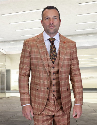 Statement Men's 3-Piece Modern Fit Suit – 100% Wool with Refined Plaid Pattern 1 ZILO-1-RUST-34S  - from alligatorwarehouse.com