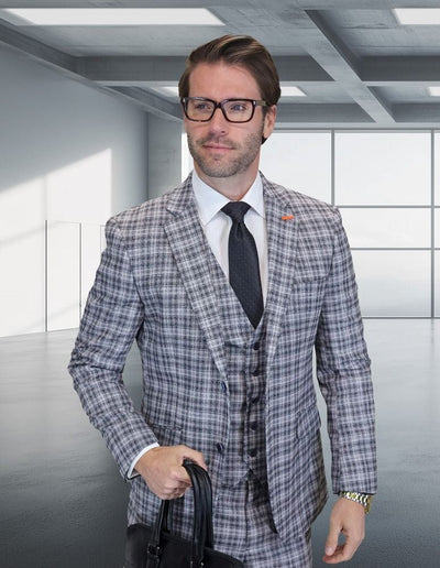 Statement Men's 3-Piece Modern Fit Suit – 100% Wool with Classic Plaid Pattern 1 ZILONI-4-BLACK-34S  - from alligatorwarehouse.com