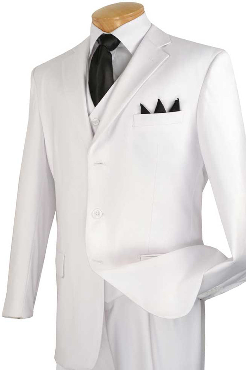 Mens 3 Button Vested Basic Wool Feel Suit in White