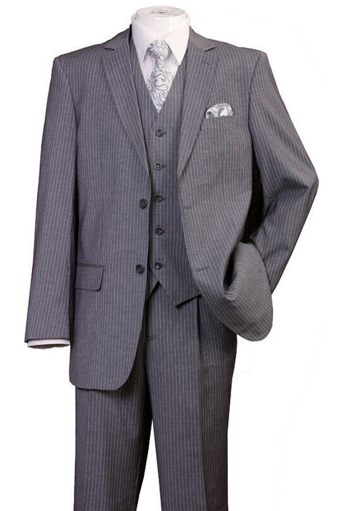Mens 2 Button Vested Bold Gangster Pinstripe Suit in Grey