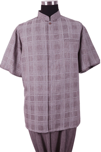 Mens Short Sleeve Plaid Mandarin Banded Collar Walking Suit in Burgundy