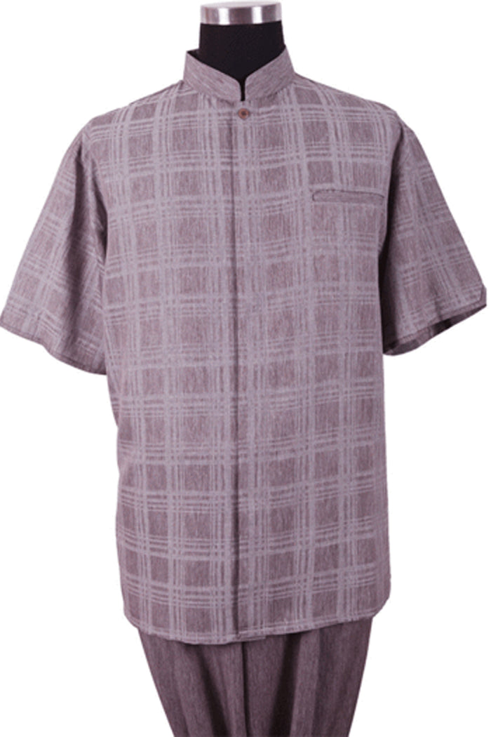 Mens Short Sleeve Plaid Mandarin Banded Collar Walking Suit in Burgundy