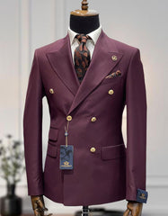 Designer Mens Double Breasted Gold Button Suit in Maroon