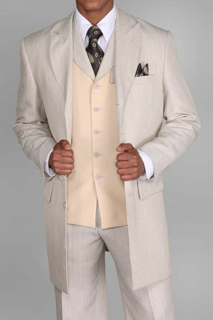 Mens Vested Peak Lapel Fashion Herringbone Zoot Suit in Sand