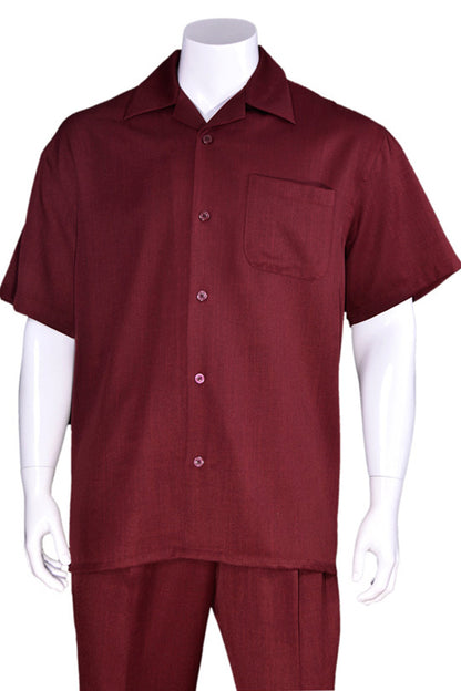 Men’s Burgundy Short Sleeve Walking Suit, Casual Summer Shirt and Pants Leisure Set