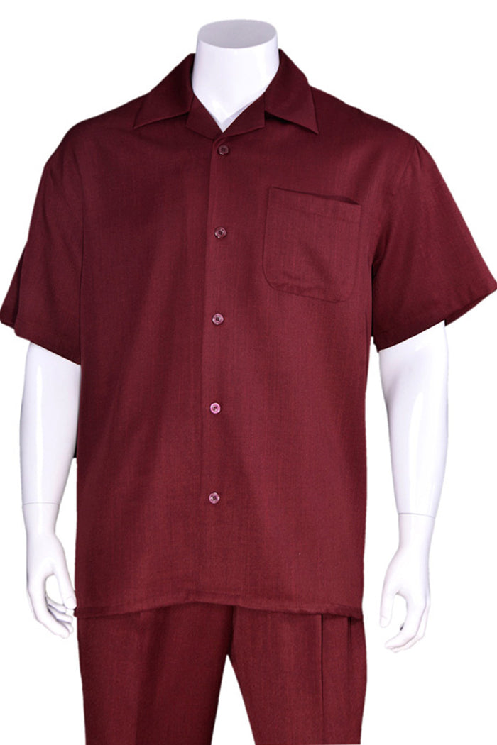 Men’s Burgundy Short Sleeve Walking Suit, Casual Summer Shirt and Pants Leisure Set