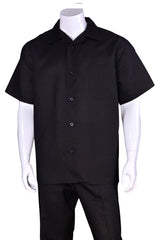 Mens Short Sleeve 100% Linen Casual Leisure Set Walking Suit in Black