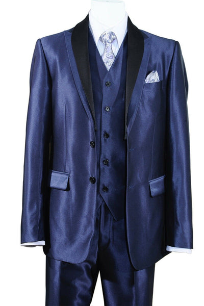 Mens 2 Button Vested Contrast Peak Lapel Sharkskin Tuxedo Suit in Navy 1 5702V5-Navy-38R  - from alligatorwarehouse.com