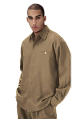 Mens Casual Long Sleeve French Front Leisure Set in Tan