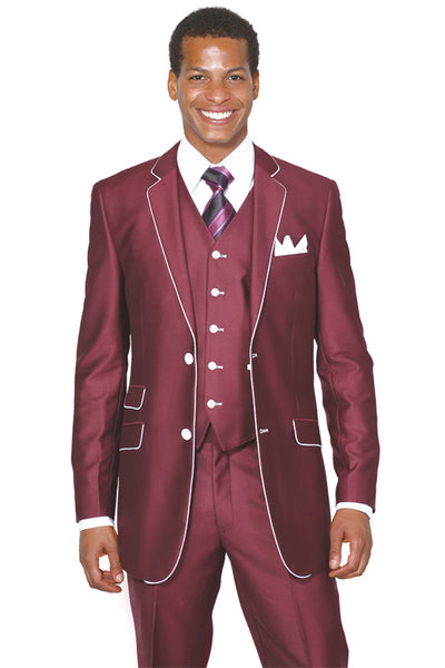 Mens 2 Button Vested Sharkskin Suit with Contrast Trim in Burgundy 1 5702V1-Burgundy-38R  - from alligatorwarehouse.com