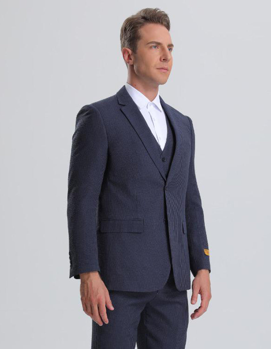 Mens Navy on Navy Pinstripe Vested Summer Seersucker Suit