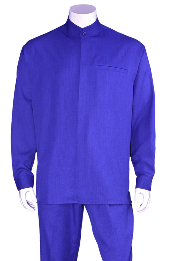 Mens Long Sleeve Mandarin Collar Casual Leisure Set in Royal Blue