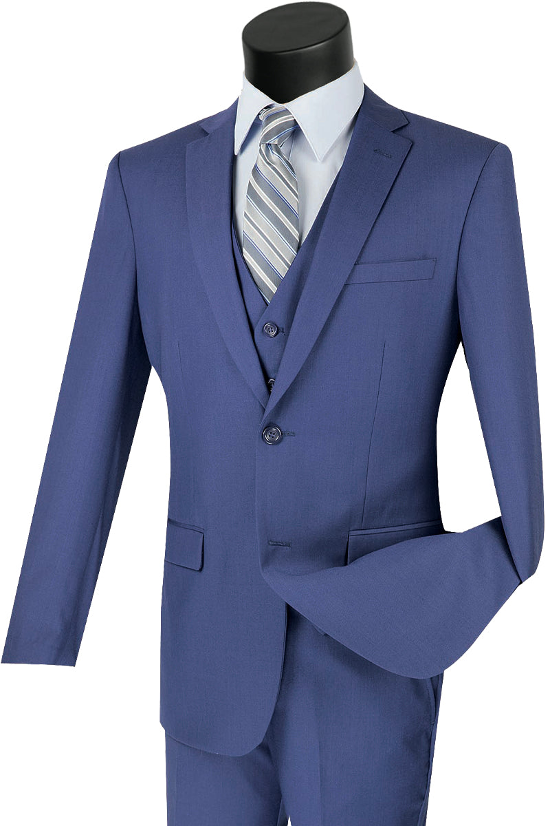 Mens Vested Slim Fit Wool Feel Suit in Indigo