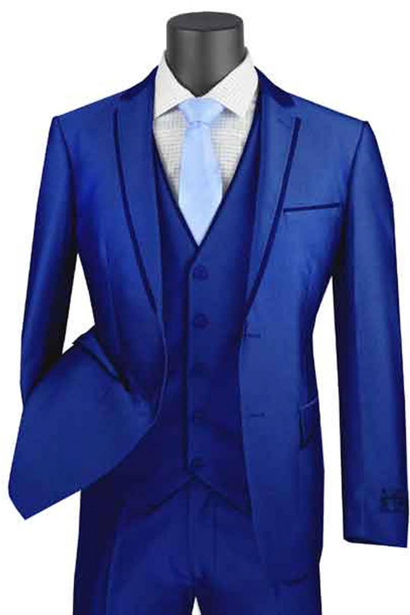 Mens Ultra Slim Fit Vested Suit with Trim in Blue