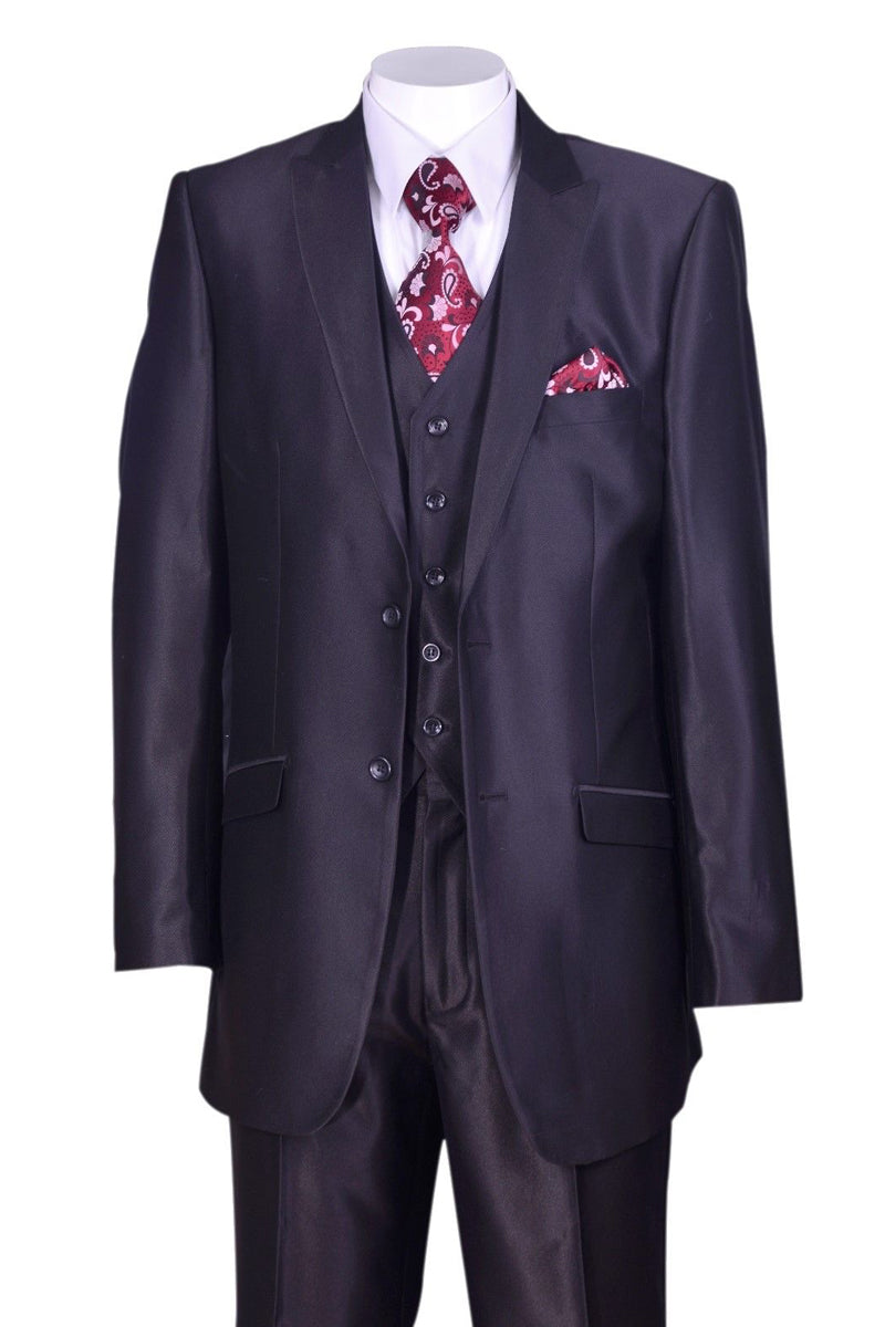 Mens 2 Button Vested Peak Lapel Shiny Sharkskin Suit in Black