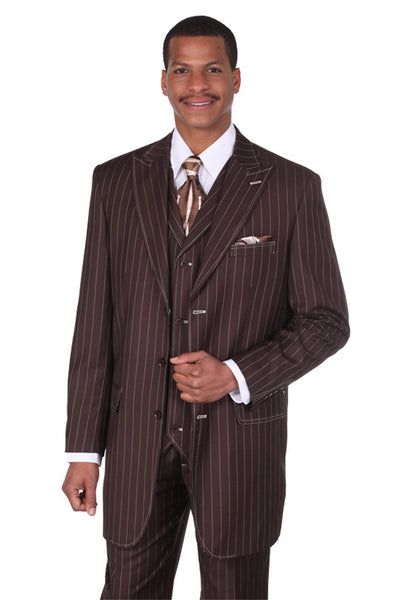 Mens 3 Button Vested Wide Peak Lapel 1920's Gangster Pinstripe Suit in Brown 1 5903V-Brown-38R  - from alligatorwarehouse.com