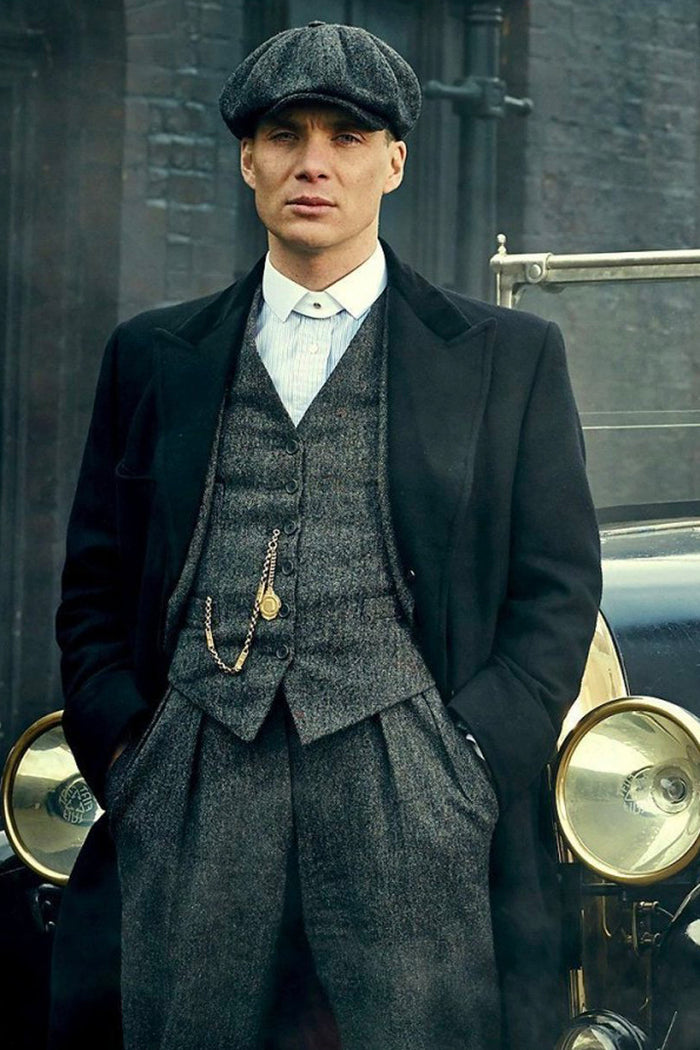 Men’s Grey Peaky Blinders 3 Piece Suit with Black Overcoat and Hat, Thomas Shelby Inspired Costume