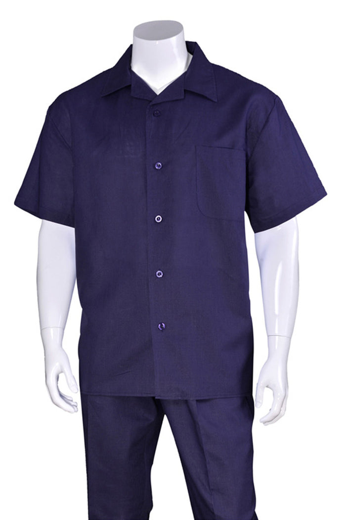 Men’s Navy 100% Linen Short Sleeve Walking Suit, Casual Leisure Shirt and Pants Set