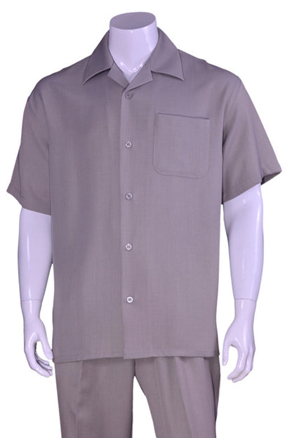 Men’s Solid Grey Short Sleeve Walking Suit with Matching Pants, Casual Summer Dress Outfit