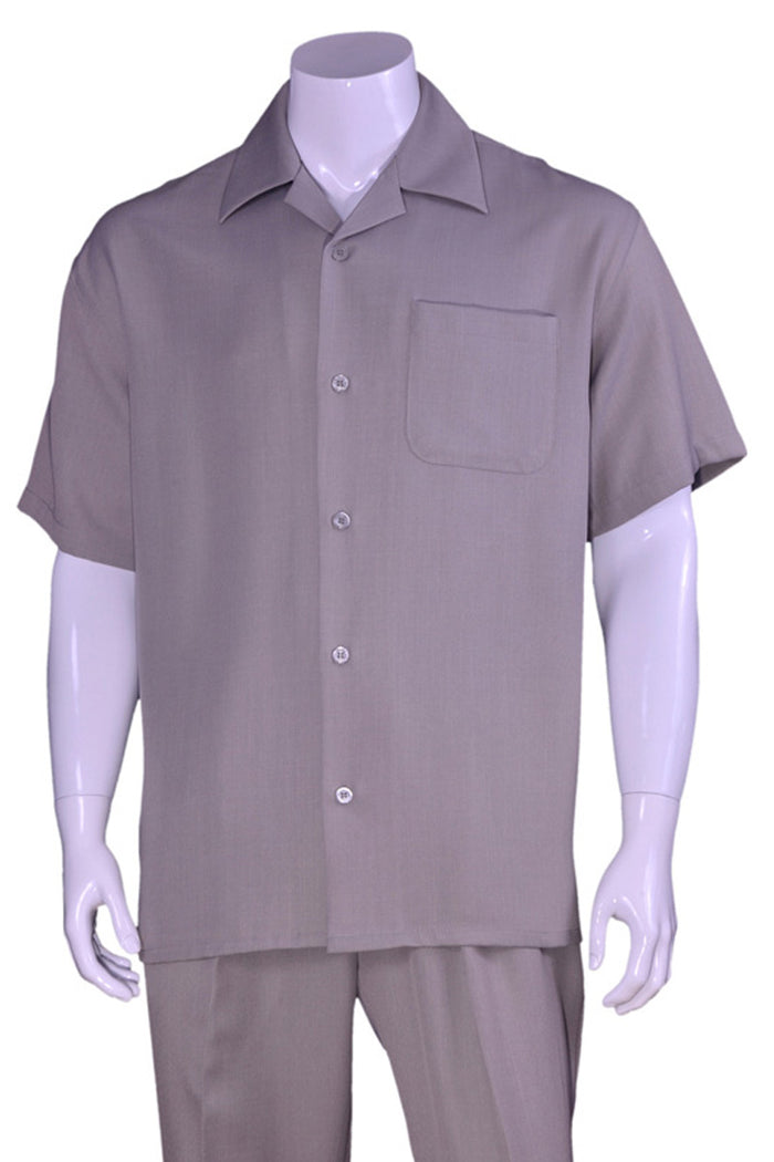 Men’s Solid Grey Short Sleeve Walking Suit with Matching Pants, Casual Summer Dress Outfit