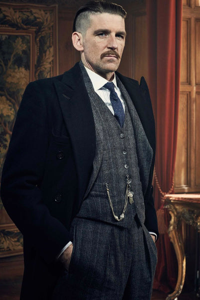 Mens Peaky Blinders Costume Arthur Shelby Vested Suit & Black Overcoat 1   - from alligatorwarehouse.com