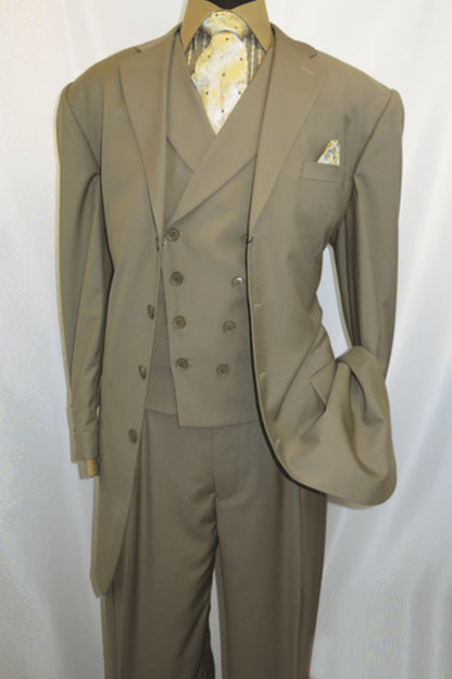 Mens 4 Button Double Breasted Vest Suit in Tan