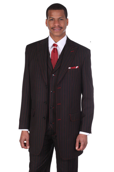 Mens 3 Button Vested Wide Peak Lapel 1920's Gangster Pinstripe Suit in Black/Red 1 5903V-Black/Red-38R  - from alligatorwarehouse.com